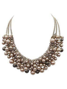 LOFT Champagne & Gray Faux Pearl Choker Bib Necklace Silver Tone Prom Bridal
